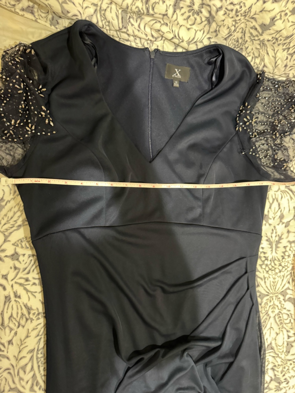 Xscape Dark Navy V-Neck Maxi Dress with Beaded Fringe Sleeves size 14 - Picture 10 of 16